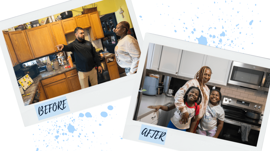 Graphic showing a photo of a kitchen before the remodel and another photo of the kitchen after the remodel