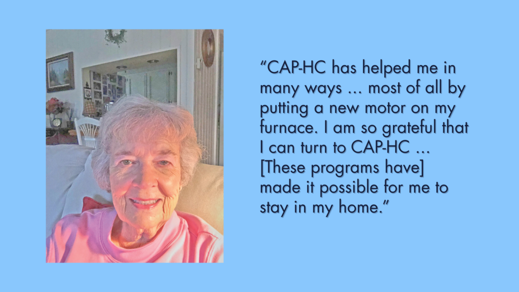Picture of Sally with a quote saying "I am so grateful I can turn to CAP-HC."