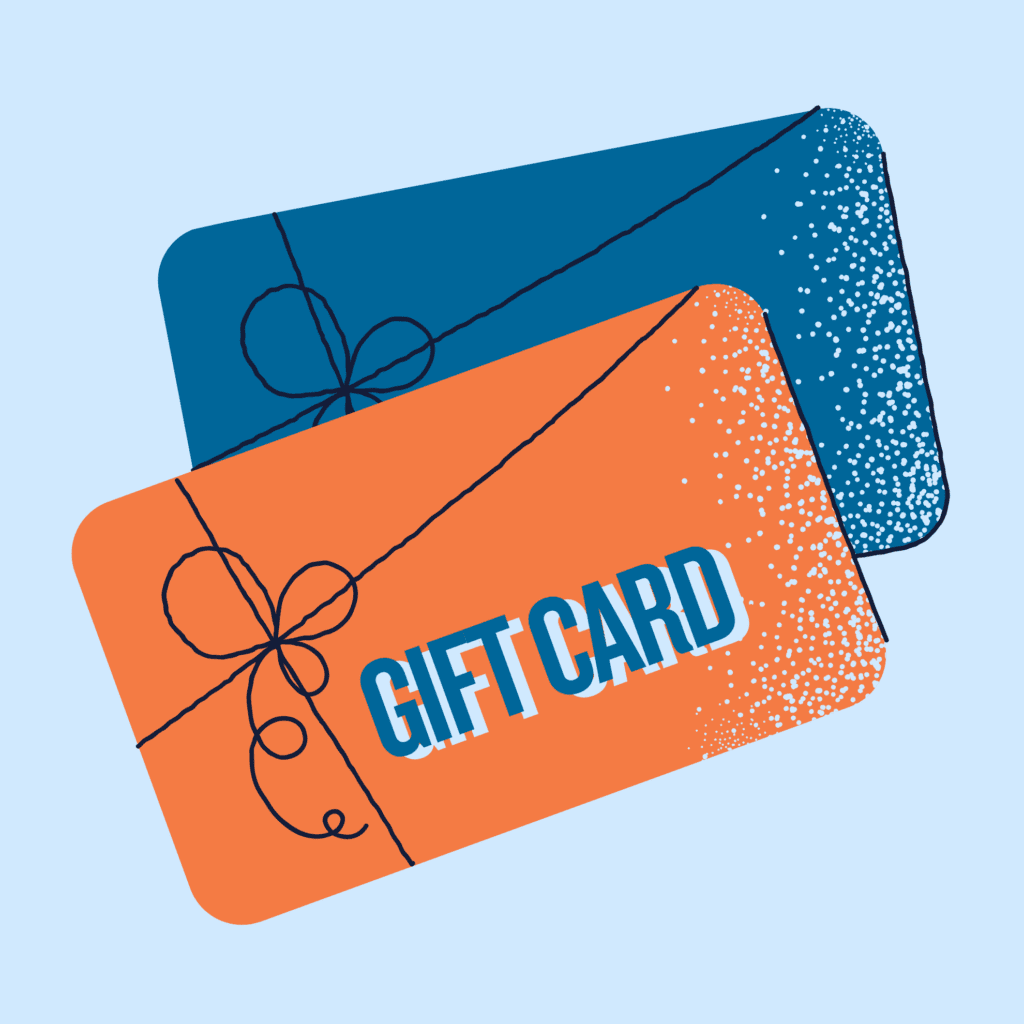 Illustration of dark blue gift card and orange gift card on light blue background