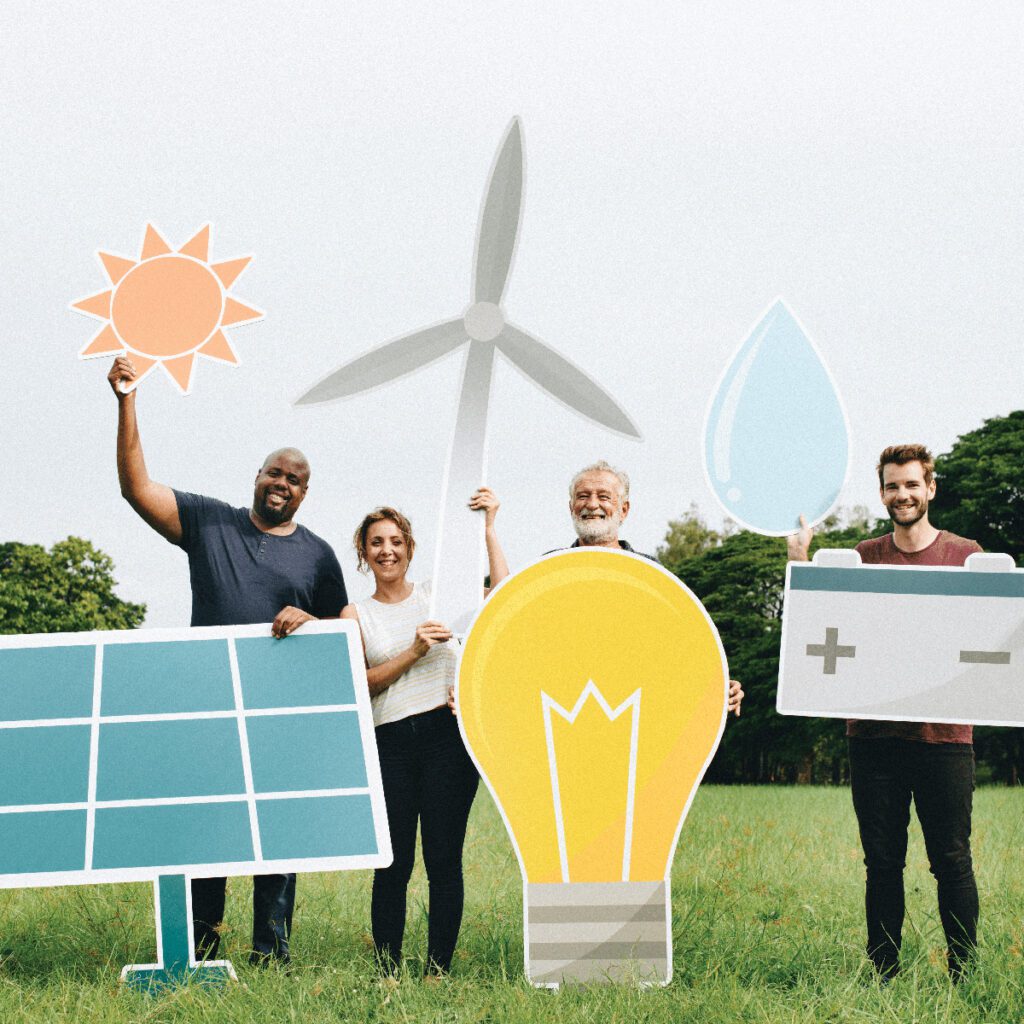 4 people holding large icons representing solar, wind, water, and electric power