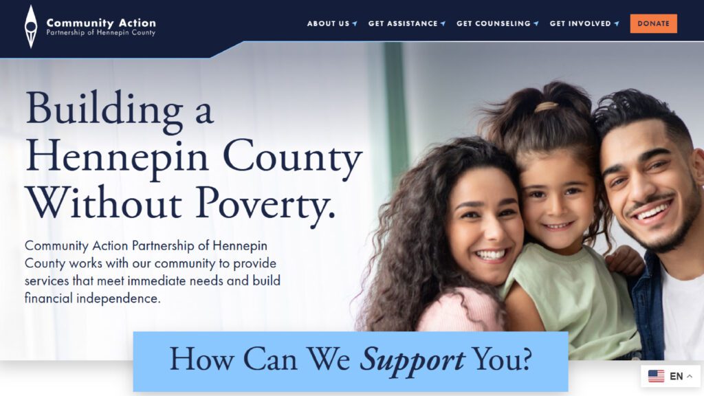 CAP-HC's homepage featuring the headline "Building a Hennepin County without poverty" next to a photo of a mother, child, and father