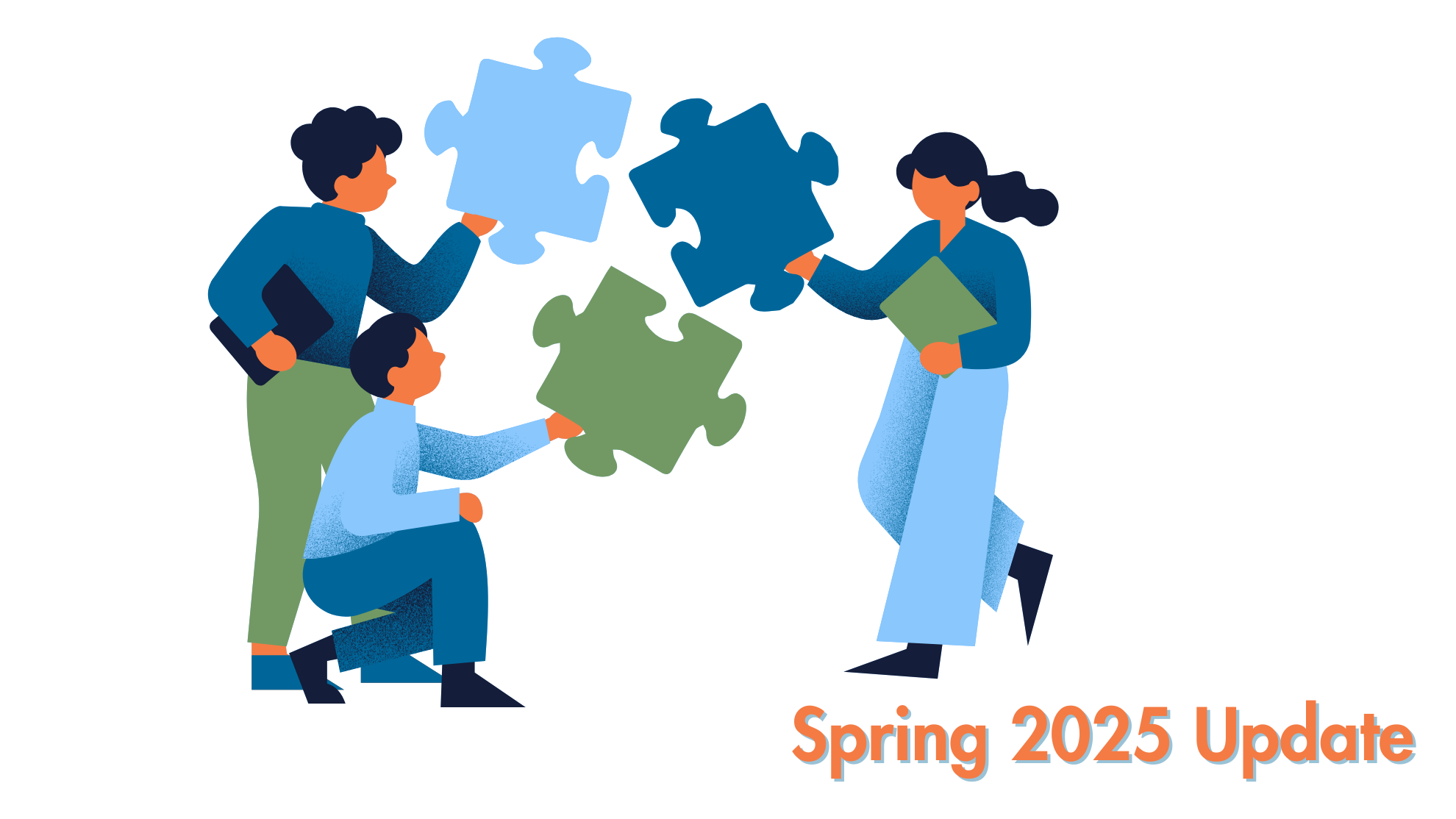 Illustration of a team assembling puzzle pieces, representing collaboration and progress for CAP-HC's Spring 2025 Strategic Plan Update.