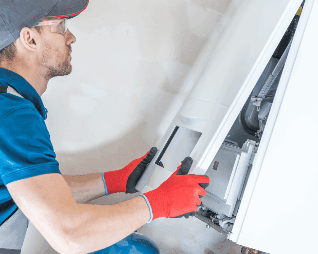 Worker opening an HVAC system to repair it