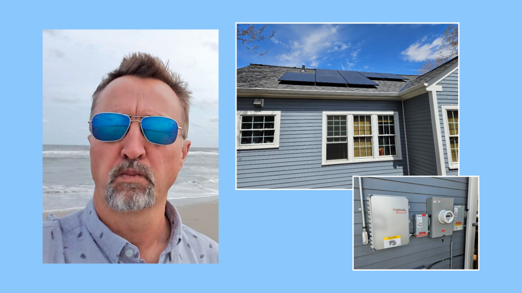 collage of 3 photos - Lee, Rooftop Solar client; Lee's home with solar panels installed on the roof; additional solar energy equipment installed on Lee's home