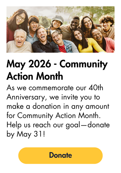 tile with photo of a group of people smiling outside, a header reading "May 2026 - Community Action Month," and a "Donate" button